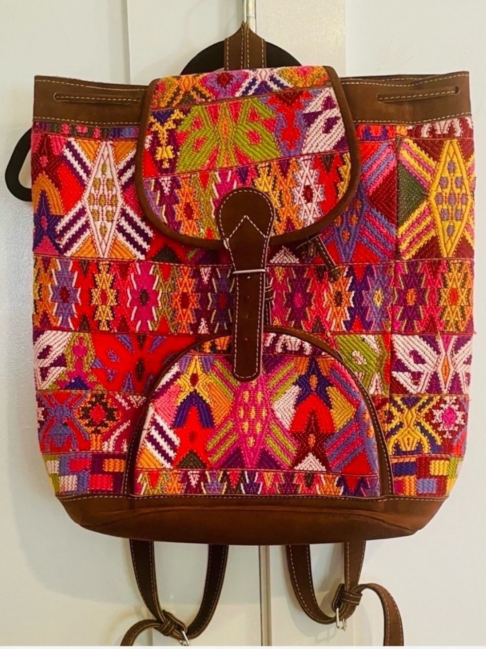 Huipil and leather bohemian colorful embroidered extra large backpack